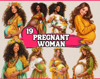 19 imágenes prediseñadas de mujeres embarazadas felices / Chicas embarazadas / Acuarela imprimible / PNG de alta calidad / Descarga digital, Manualidades de papel, Diario basura