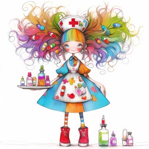 Puede incluir: Una enfermera de dibujos animados con el pelo arco&iacute;ris y un vestido blanco con una cruz roja. Lleva una bandeja con botellas y p&iacute;ldoras de colores.