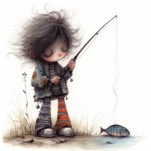 Frazzled Fishing Kid Clipart 15 High Res Watercolor JPGs, Junk Journaling, Scrapbooking, Card Making, Digital Mixed Media, Fantasy,Whimsical