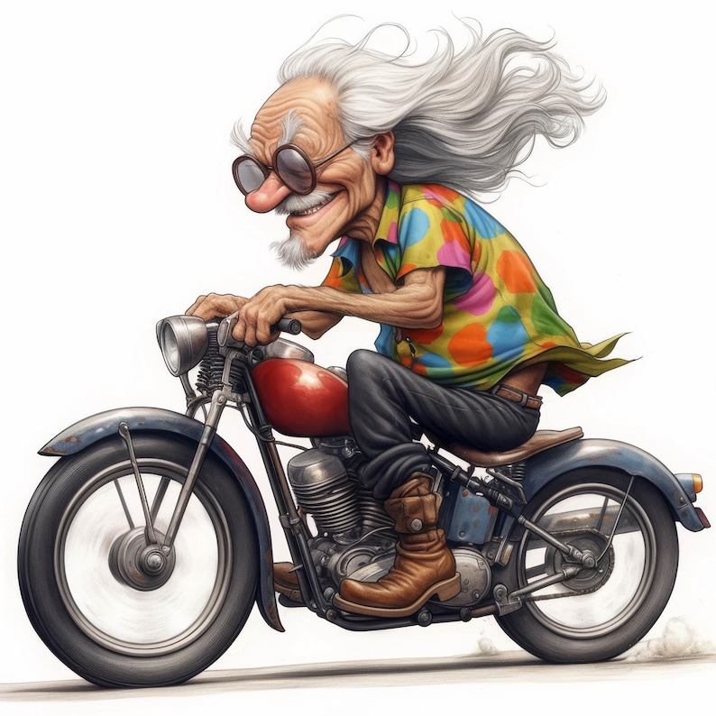Puede incluir: Una ilustraci&oacute;n de dibujos animados de un hombre mayor con cabello blanco largo y una camisa colorida montando una motocicleta vintage. La motocicleta es roja, negra y plateada con una rueda delantera grande.