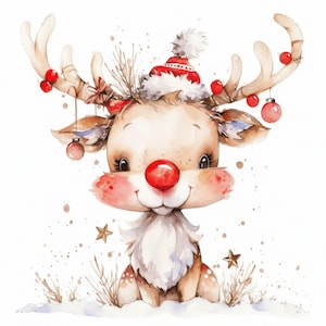 12 Festive Deer Clipart Bundle, Cute Winter Deer Illustration, Printable Watercolor Clipart, High Quality JPG, Paper Craft, Junk Journals