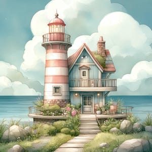 Rustic Shore Lighthouse Clip Art 10 High Res Watercolor JPGs Junk Journals, Scrapbooking, Card Making, Digital Download, Fantasy, Whimsical