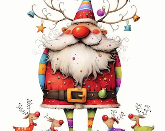 Op de afbeelding: Een fantasievolle illustratie van Sinterklaas met rendiergewei, die een rood-wit pak draagt met kleurrijke strepen en een regenbooghoed. Hij wordt omringd door vier kleine rendieren met rode neuzen.