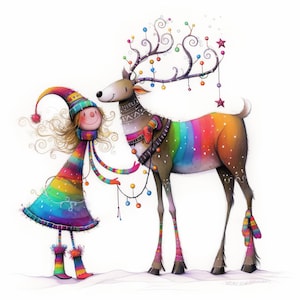 Quirky Reindeer Clip Art 11 High Res Watercolor JPGs Junk Journals, Scrapbook, Card Making, Digital Download, Fantasy, Whimsical, Christmas