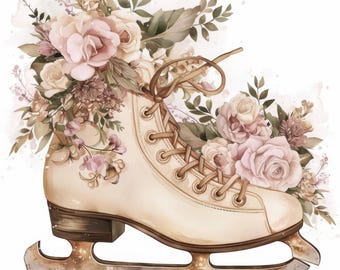 12 Ice Skate Clipart Bundle, Winter Skate With Flowers Design, Printable Watercolor Clipart, High Quality JPG, Paper Craft, Junk Journals