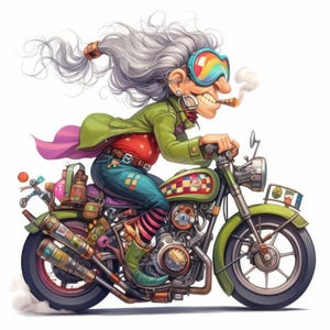 Puede incluir: Una mujer con el pelo largo gris y gafas de sol arco&iacute;ris monta una motocicleta verde con un dise&ntilde;o de patchwork colorido. La motocicleta tiene una variedad de accesorios y una sidecar con una variedad de art&iacute;culos.