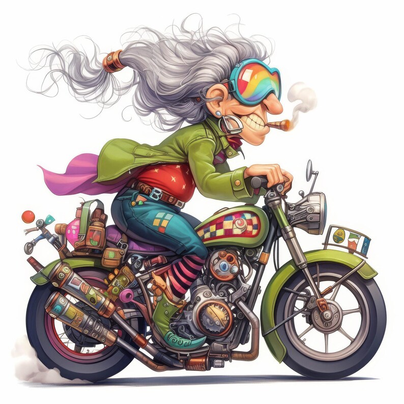 Puede incluir: Una mujer con el pelo largo gris y gafas de sol arco&iacute;ris monta una motocicleta verde con un dise&ntilde;o de patchwork colorido. La motocicleta tiene una variedad de accesorios y una sidecar con una variedad de art&iacute;culos.