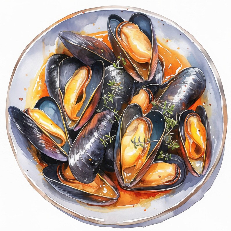 16 Mussels Garlic Herb Clipart Bundle, Delicious Seafood Illustration ...