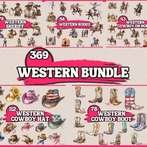 Aquarell Western Clipart Bundle, Rodeo, Sheriff, Cowboy, Cowgirl, Hut, Stiefel, Pferd, Stier Clipart Set, Wilder Westen Mode PNG Grafiken