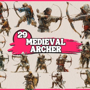 May include: A digital illustration of 29 medieval archers in various poses, all wearing hooded cloaks and holding bows and arrows. The archers are depicted in a variety of colours, including brown, green, blue, and red. The image is set against a light brown background with the text "29 MEDIEVAL ARCHER" in pink.