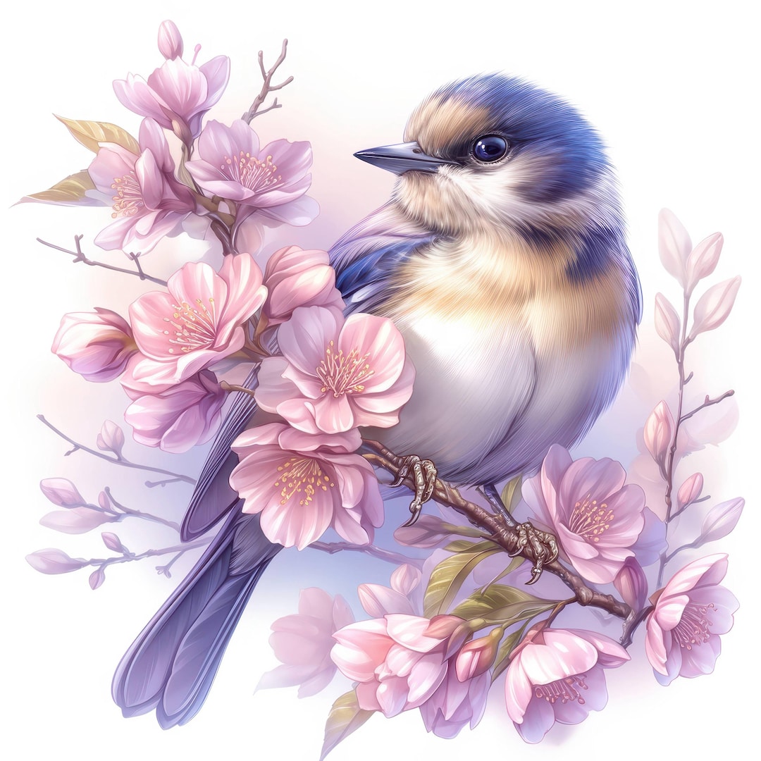 12種類の花柄春のチカディークリップアートセット、植物鳥イラスト