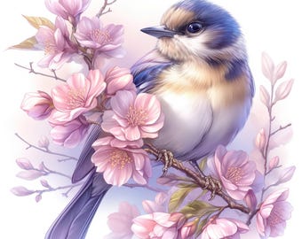 12 Blumen Frühling Meisen Clipart Bundle, botanische Vogel Illustration, druckbare Aquarell Clipart, hochwertige JPG, Papiermodelle