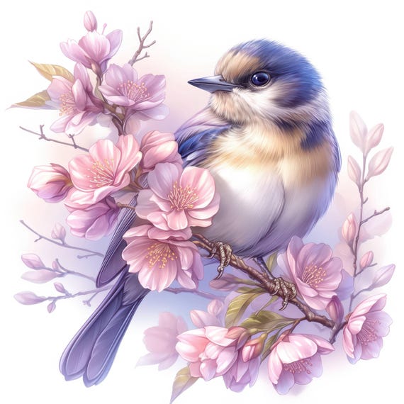 12種類の花柄春のチカディークリップアートセット、植物鳥イラスト