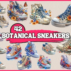 May include: 42 Botanical Sneakers. A collection of white canvas sneakers with floral designs. The sneakers feature a variety of flowers, including roses, daisies, and wildflowers. The designs are painted in vibrant colours, including pink, blue, yellow, and green.