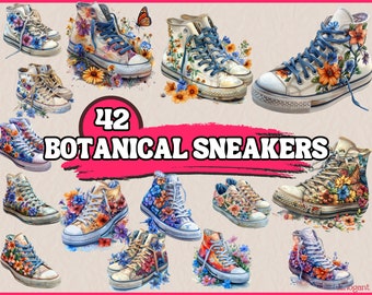 Watercolor Botanical Sneakers Clipart Bundle, Floral Shoes Clip Art Set, Flower Fashion Clipart PNG Graphics Illustration, Digital Download