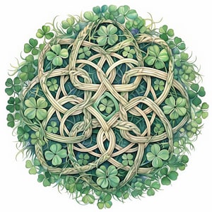 Puede incluir: Ilustración circular de un nudo celta entrelazado con enredaderas verde claro y tréboles de cuatro hojas. La obra de arte tiene un estilo acuarela, con un fondo verde azulado oscuro y un borde de tréboles.