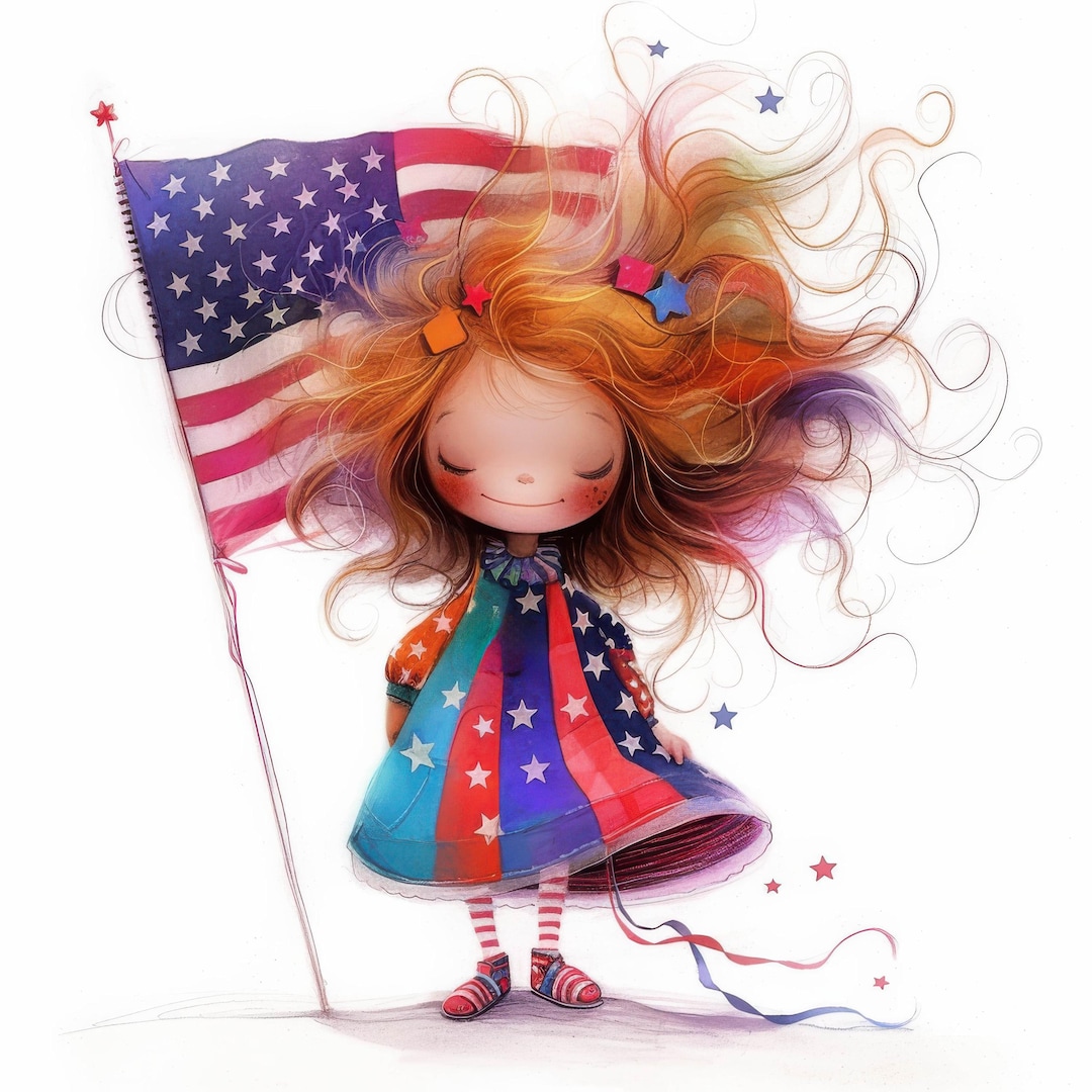 Little Flag Girl Clip Art 10 High Res Watercolor Jpgs for Junk Journals ...