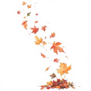 May include: Watercolor illustration of falling autumn leaves in shades of red, orange, and yellow. A pile of leaves rests at the bottom, with others cascading down against a white background. The leaves vary in size and shape, creating a dynamic fall scene.
