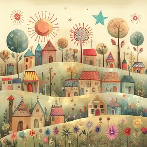 May include: A whimsical illustration of a colorful village with houses, trees, and flowers. The houses are decorated with different patterns and colors, and the trees have whimsical shapes. The flowers are blooming in a variety of colors, adding to the cheerful atmosphere of the scene.