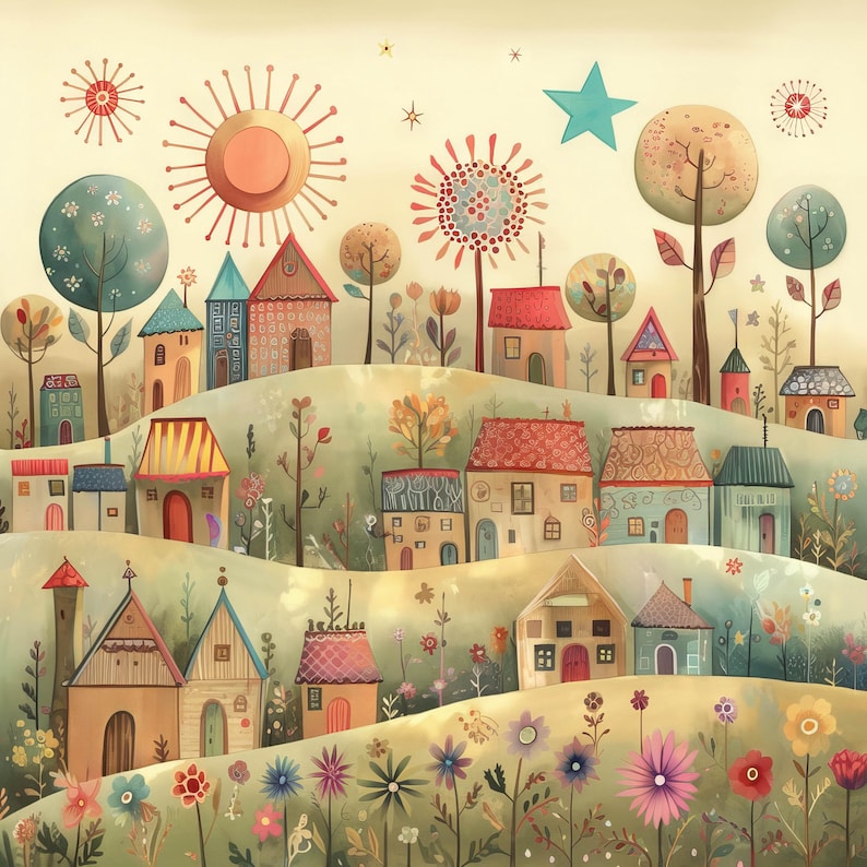 May include: A whimsical illustration of a colorful village with houses, trees, and flowers. The houses are decorated with different patterns and colors, and the trees have whimsical shapes. The flowers are blooming in a variety of colors, adding to the cheerful atmosphere of the scene.