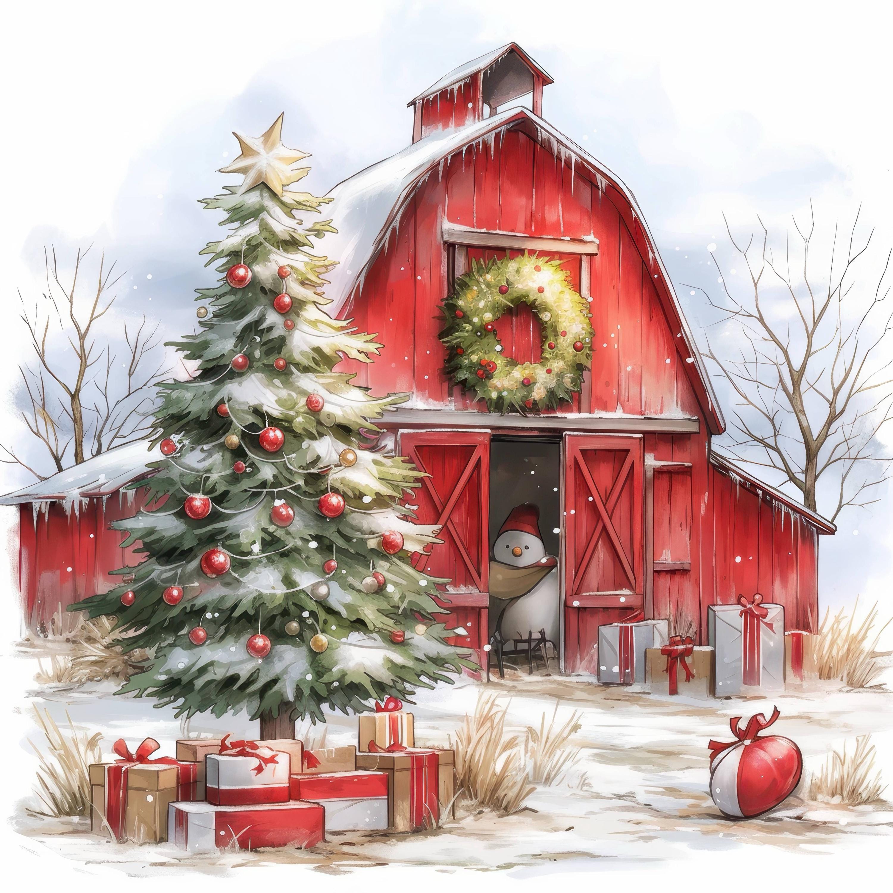 11 Christmas Red Barn Clipart Bundle, Festive Farm Scene Illustration ...