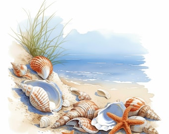 10 Coastal Shells Clipart Bundle, Beach Seashell Illustration, Printable Watercolor Clipart, High Quality JPG, Paper Craft, Junk Journals