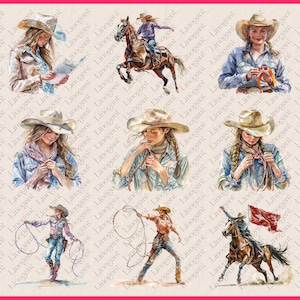 May include: A digital painting collage featuring nine images of women in cowboy hats and western wear. The women are depicted in various poses, including riding a horse, holding a lasso, and knitting. The images are set against a light brown background with a watermark in the bottom right corner.