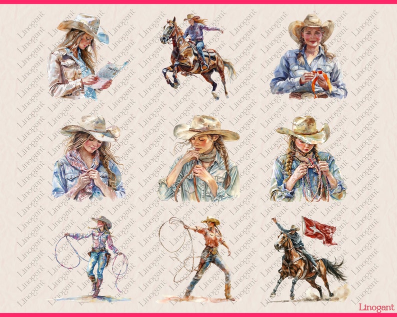 May include: A digital painting collage featuring nine images of women in cowboy hats and western wear. The women are depicted in various poses, including riding a horse, holding a lasso, and knitting. The images are set against a light brown background with a watermark in the bottom right corner.