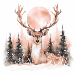 12 Winter Deer Clipart Bundle, Snowy Forest Animal Illustration, Printable Watercolor Clipart, High Quality JPG, Paper Craft, Junk Journals