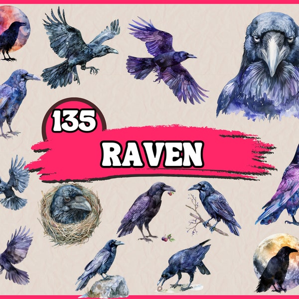 Watercolor Raven Clipart Bundle, Bird Species Clip Art Set, Animal PNG Graphics, Fantasy Night Crows Illustrations, Mystery Dark Bird Images