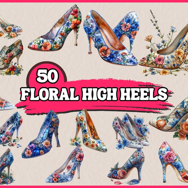 Watercolor Floral High Heels Clipart Bundle, Flower Shoes Clip Art Set, Bridal Fashion, Spring Prom Heels Clipart PNG Graphics Illustration