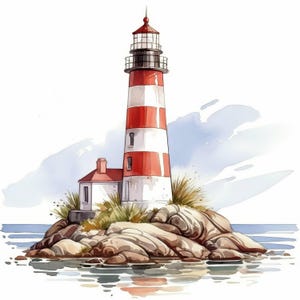 May include: Watercolor illustration of a lighthouse on a rocky island. The lighthouse has red and white stripes and a red top. A small white building with a red roof sits at the base. The scene is set against a blue sky and water.