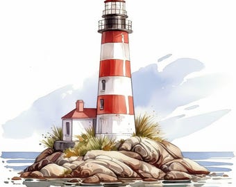 14 Watercolor Lighthouse Clipart Bundle, Coastal Beacon Illustration, Printable Watercolor Clipart, High Quality JPG, Paper Craft, Journals