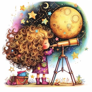 Whimsical Stargazer Girl Clip Art 10 High Res Watercolor JPGs for Junk Journaling, Scrapbooking, Card Making, Digital Download, Fantasy,Moon