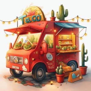 Red Taco Truck Clip Art 10 High Res Watercolor JPGs Junk Journaling, Scrapbooking, Card Making, Digital Download, Fantasy, Whimsical, Food