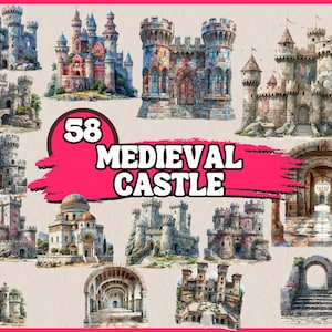 Watercolor Medieval Castle Clipart Bundle,Middle Age Historical Building Clip Art Set with Gates and Tower PNG Graphics,Digital Illustration