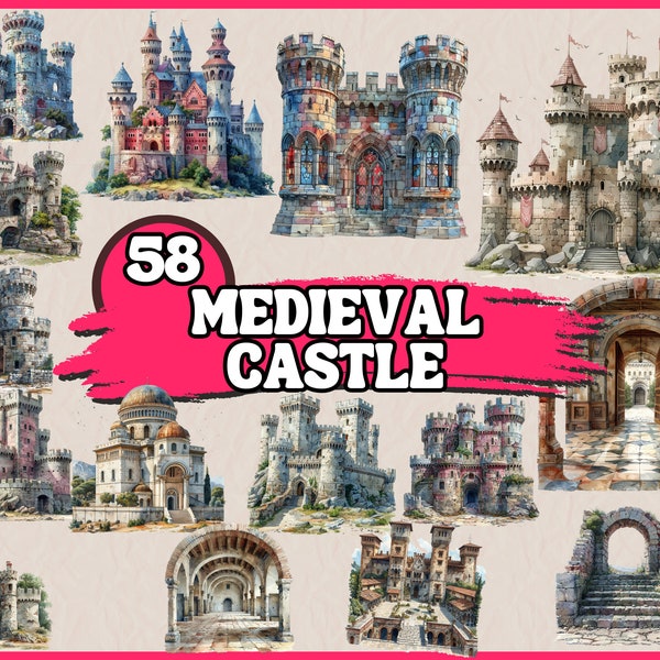 Watercolor Medieval Castle Clipart Bundle,Middle Age Historical Building Clip Art Set with Gates and Tower PNG Graphics,Digital Illustration