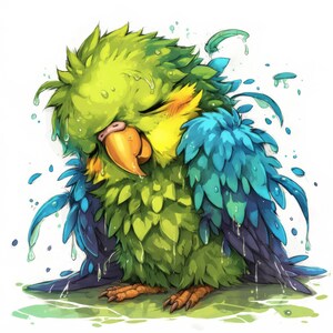 Frazzled Parrot Clip Art 10 High Res Watercolor JPGs Junk Journaling, Scrapbooking, Card Making, Digital Download, Quirky Bird, Whimsical