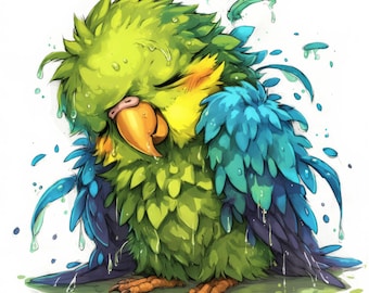 Frazzled Parrot Clip Art 10 High Res Watercolor JPGs Junk Journaling, Scrapbooking, Card Making, Digital Download, Quirky Bird, Whimsical