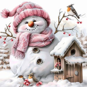 Puede incluir: Ilustración caprichosa de un muñeco de nieve con gorro y bufanda de punto rosa. El muñeco de nieve tiene una nariz de zanahoria, ojos de botón y una boca sonriente. Dos pájaros están en la base, y una casa para pájaros está a la derecha. Bayas rojas y nieve completan la escena invernal.