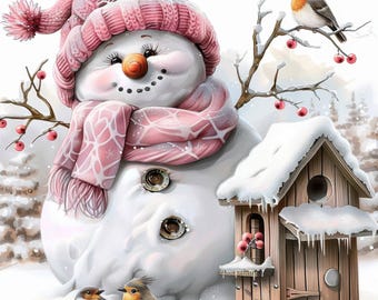May include: A whimsical illustration of a snowman wearing a pink knit hat and scarf. The snowman has a carrot nose, button eyes, and a smiling mouth. Two birds sit at the base of the snowman, and a birdhouse is to the right. Red berries and snow complete the winter scene.
