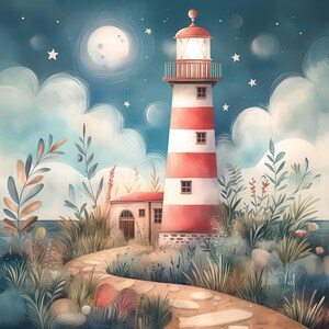 Moonlit Coastal Lighthouse Clip Art 10 High Res Watercolor Jpgs Junk ...