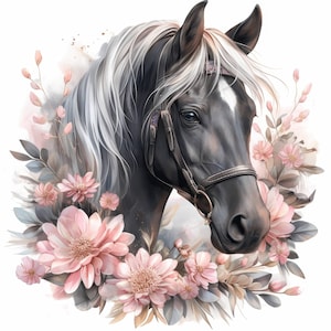 15 Floral Horses Clipart Bundle, Decorative Equestrian Illustration, Printable Watercolor Clipart, High Quality JPG, Paper Craft, Journals