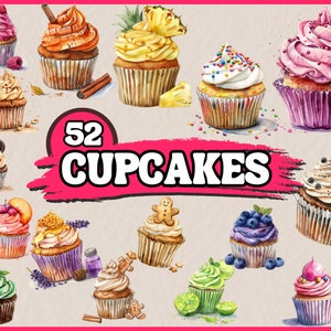 Aquarell Cupcake Clipart Bundle, Cupcakes Clip Art Set, Dessert PNG-Grafiken, bunte Cupcake Illustration, Cup Cake Bilder, kommerziell