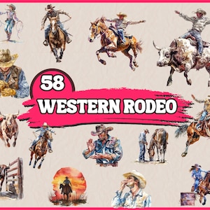 Aquarel western rodeo clipart bundel, rijpaard en stier clip art set, wilde westen clipart, westerse mode, cowboy cowgirl png-afbeeldingen
