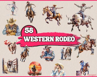 Watercolor Western Rodeo Clipart Bundle, Riding Horse and Bull Clip Art Set, Wild West Clipart, Western Fashion, Cowboy Cowgirl PNG Graphics