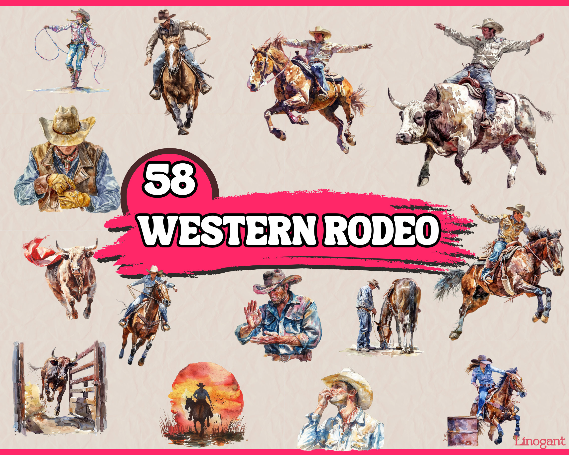 Western Rodeo Image Collages Watercolor Western Rodeo Clipart Bundle, Riding Horse and Bull Clip Art ...