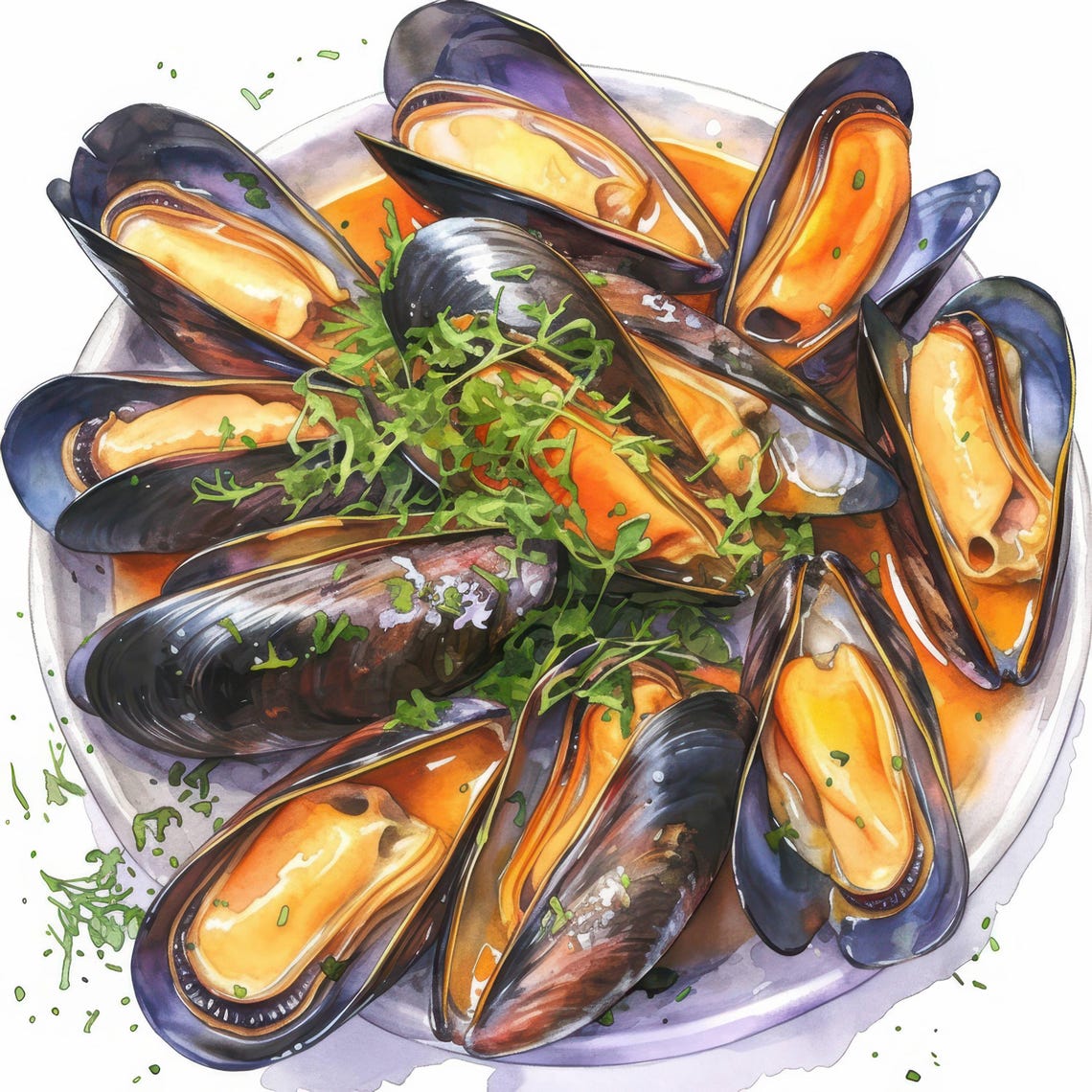 16 Mussels Garlic Herb Clipart Bundle, Delicious Seafood Illustration ...