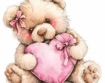 12 Love Teddy Bear Clipart Bundle, Romantic Bear with Hearts, Printable Watercolor Clipart, High Quality JPG, Paper Craft, Junk Journals