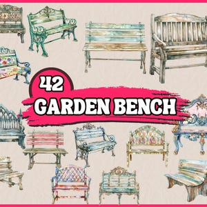 May include: A collection of 42 watercolor illustrations of garden benches in various styles and colors. The benches are made of wood and metal and feature intricate details like carvings and floral patterns.